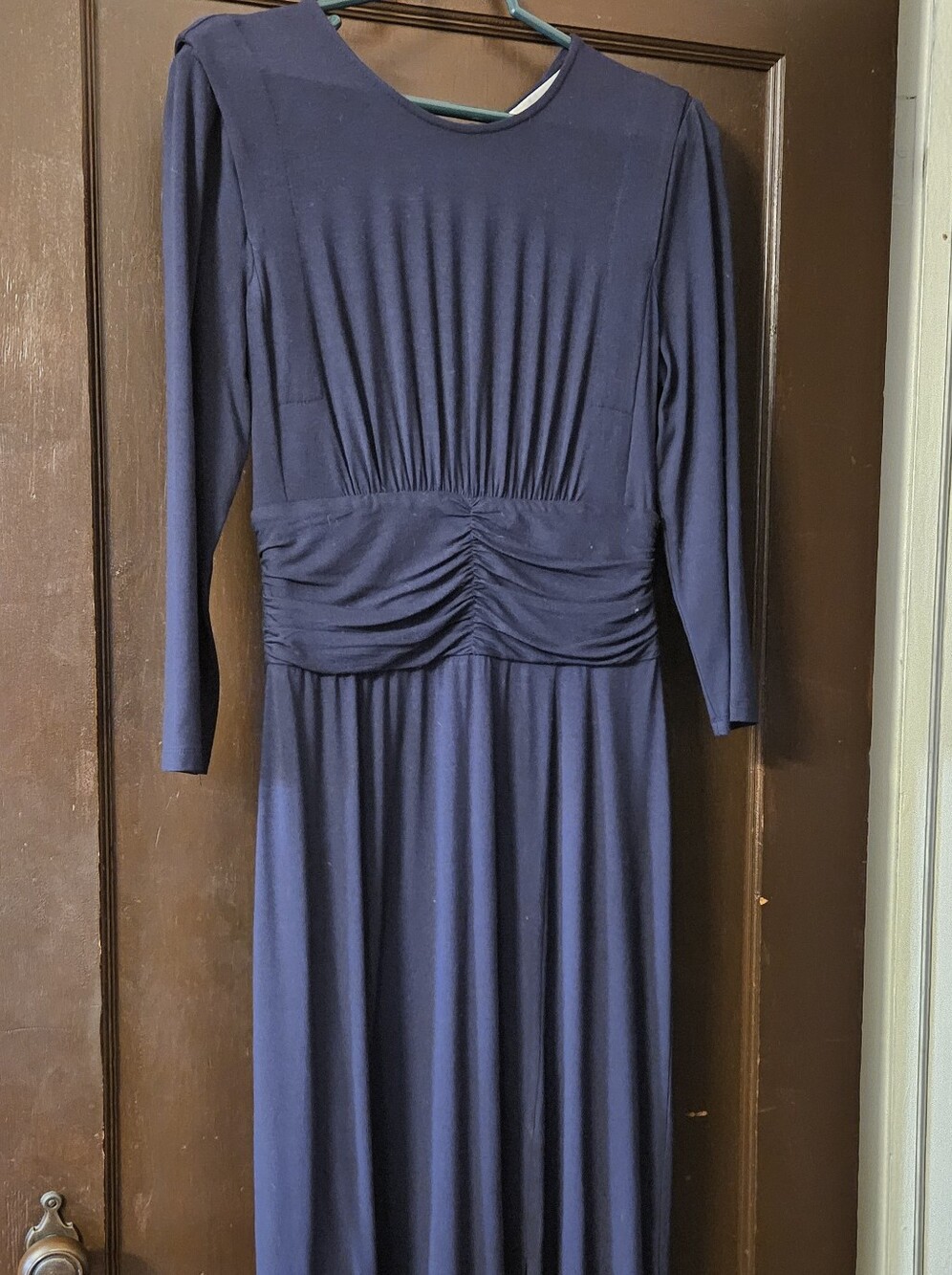 London Times Navy Long-Sleeve Ruched Waist Maxi Dress, Size 4